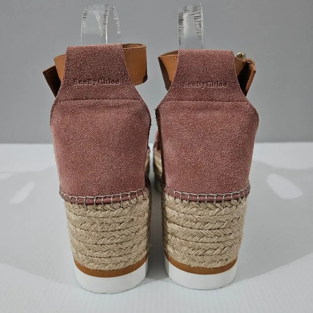 See By Chloe Glyn Platform Espadrille Sandal Womens EU 41 Pink Suede Wedge NEW
